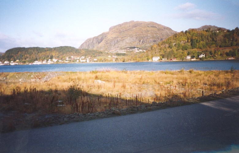 Askvoll and western Ask seen from the bay of Olsetvikane, with the nursing home in the middle of the picture.