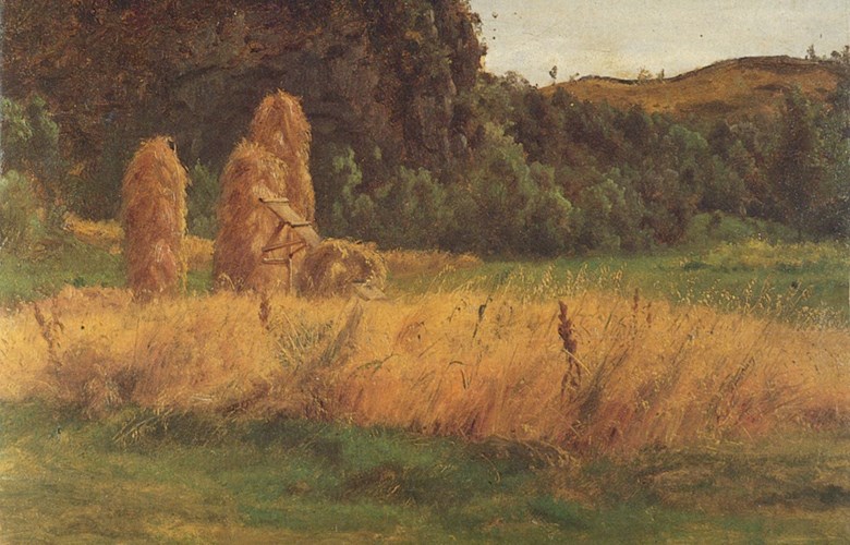 Anders Askevold is liked best for his pictures of animals, but he also painted good landscape pictures and pictures of people and buildings. The painting <i>Korn på staur (sheaves on a pole) </i> is from 1857.