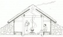 This drawing shows what a house at Ytre Moa may have looked like, built as a stave construction. The walls were probably supported by exterior stonewalls.