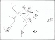 The map shows how the various buildings at Hellevik were located in relation to one another.<br />
A: The residence. B: The tavern ("borgstova"). C: The mill. D: The "eldhus". E: The pigsty. F: The boathouse. G: The animal shed and the barn. H: The seine house. I: The sea warehouse. J: The "stabbur".