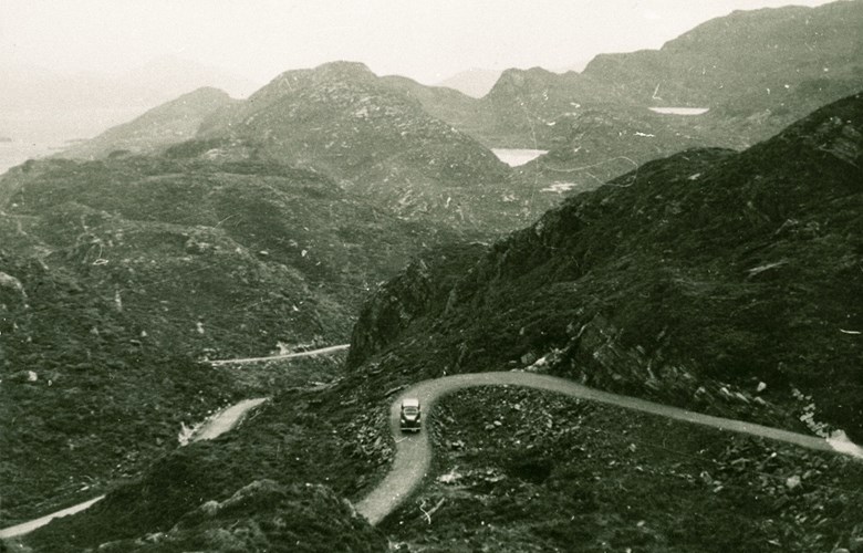 The road across Almenningsfjellet the way the Germans built it during the war. The road was narrow, winding, and steep. The Germans wanted to get quickly out to ice-free harbours and had no time to wait for the planned tunnel.