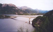 When the Norddalsfjord Bridge was completed in 1987, Svelgen got a ferry-free connection to Florø and Førde. The bridge is 402 metres long with a 231-metre-long span. The ferry service between Haukå and Bjørnset was then stopped after 21 years. 
