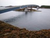 The bridge across the Indre Melværsund one month after its completion in 2003. The bridge constructions were prefabricated in large sections, and were assembled at the right place by means of a large crane vessel.
