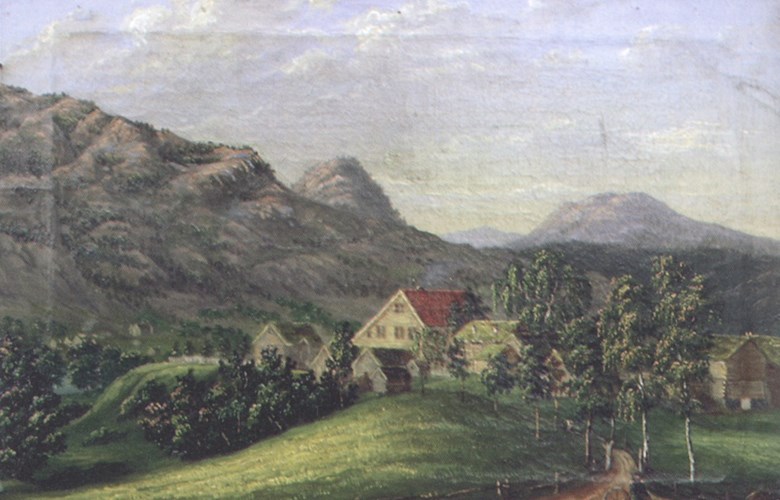 This painting from 1841 shows an alley leading up to the stately vicarage farmyard in Førde at vicar Søren Friis's time. The main building was torn down in 1924. The painter is not known.