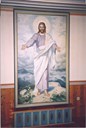 The old altarpiece from the church that burned down in 1951. It now hangs in the meeting room for the congregation, an addition to the church.