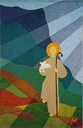 The tapestry 'The good shepherd'. The motif is taken from the parable of Jesus of the good shepherd who leaves the 99 sheep in his flock to look for the one that was lost.