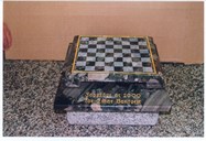The graduation work in Solund stone by a young student. The chessboard is in <b>one</b> stone, the grey squares are given this colour by sandblasting.