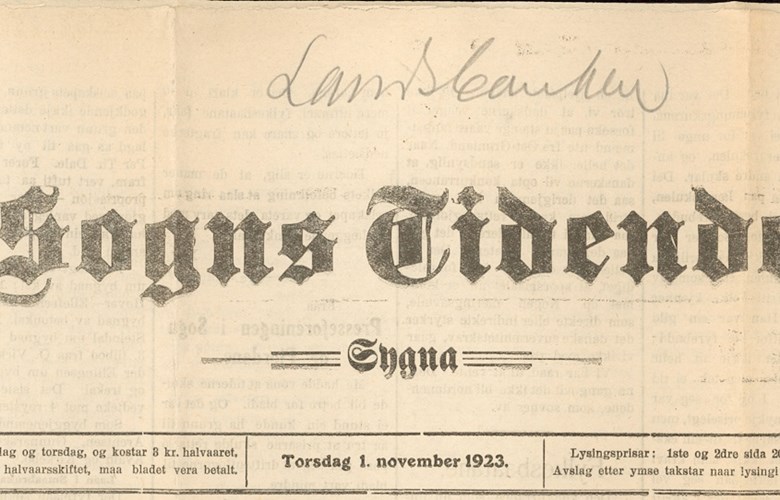 "Sogns Tidende" 1 November, 1923. The title was later changed to "Sogns Tidend".