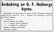 The unveiling ceremony on 26 August, 1951. Advertisement in the local paper 'Sogn Folkeblad'.
