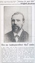 'The new Speaker of the Lagting Gjert Holsen'. This picture was in the newspaper 'Nordfjord' on 19 April, 1905. Finn B. Førsund writes in his book on the history of Førde: '<br />In <i>Høyres historie 1 (History of the conservative party, Volume 1)</i> Holsen is regarded as one of the most prominent politicians in the so-called Vestlandshøyre'(conservatives of the West of the country) in the period 1900 to 1912. He is characterized as 'old-fashioned moderate, arch-individualist and advocate of low public spending, who was difficult to discipline into a single party.' He disagreed with the conservative party policy in the union question, threatened to oppose the party, and to decline re-election. The first threat was realized in 1909, the second in 1912'.