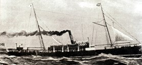 The SS "Orm Jarl". The Nordenfjeldske (shipping company) ships had a black funnel with a red band bordered by white hoops. In the picture the white hoops are missing, and the picture is probably from the time when the boat was Swedish, between 1888 and 1913.