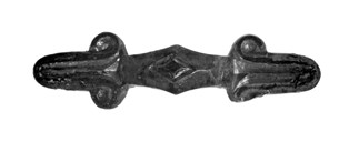 Bronze buckle from a woman's grave at Skaim, excavated in 1964. The buckle is close to six centimetres long.