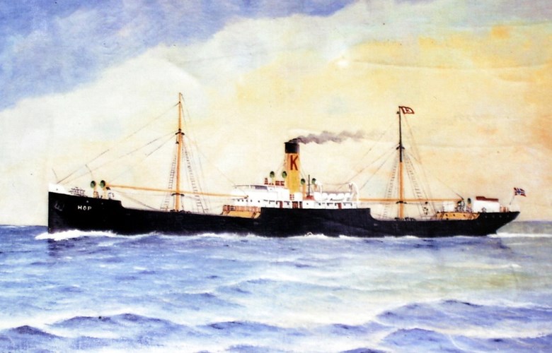 The SS "Hop" of Bergen. The ship was 2250 register tonnes and built in the Netherlands in 1916. The "Hop" on 3 February 1940 left Bergen for England in ballast. On 20 February the newspaper Bergens Tidende reported that the ship had not arrived and was "assumed" lost due to action of war.