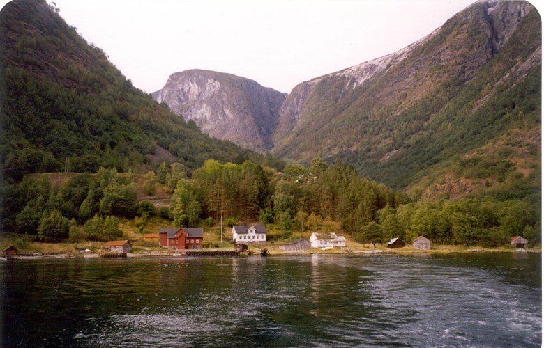 One of the Dyrdal farms is located down by the fjord whereas the others lie on a terrace slightly higher up. The quay can be seen in the centre of the picture, and the white building to the right is the schoolhouse. 

