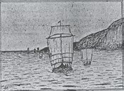 Sketch drawn by the boat historian Bernhard Færøyvik. This is how he sees the situation when the sloops and the cargo vessels from Solund set out for the Lærdal fair with their summer produce. Here come the ocean people, the people in Sogn said. The people from Solund were not regarded as coming from the Sogn district at that time, a notion not unknown even today.