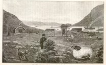 Picture (xylography) from Hovdevåg in the book <i>Faarehold i Norge</i> by Johan Schumann that he published privately in 1899. From the bay, it is possible to reach the waters of Frøysjøen.