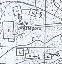 Drawing of the vicarage yard. 1) The main building, 2) 'Borgstova', 3) 'Skulen', 4) 'Stabburet', 5) 'Eldhuset', and 6) The woodshed.