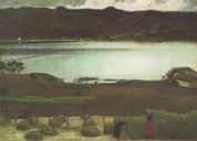 Bernt Tunold often painted, and in various seasons, the view from the home of his childhood at Selja towards the mainland with the church and the beach. This painting is called "Summer at Selje" from 1910. In the background to the left you can see the church with the beach further to the right. Maybe it is his mother and one of his sisters who are outside haymaking.