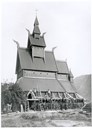 From the restoration of the Hopperstad stave church 1890-91. The master builder was John I. Hove from Vik. The woodcarving was done by the renowned Styrk Hirth (1866-1953) from Vossestrand. He was given many major commissions, for example in 'Korskirken' in Bergen. He won distinctions at many exhibitions. Here are some of the workers in the external gallery.