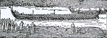 The illustration from Snorre tries to describe the situation when King Harald Hardråde is sailing down the river of Nidelva in the new Ormen. This ship had 35 pairs of oars, but the long and heavy ships such as this probably needed one or two men on each oar. No wonder the women on the river bank are watching in awe and are thinking the ship has eagle wings.