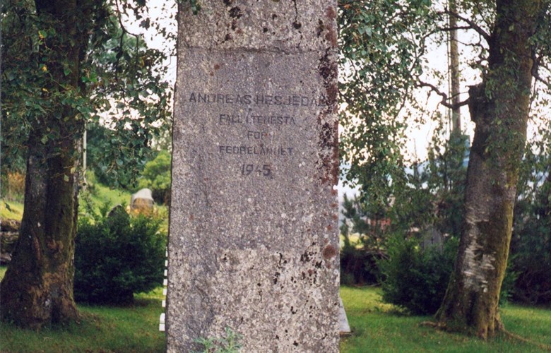 <p>The memorial stone commemorating one of the casualties in the explosion on the Stavfjord in the autumn of 1945. The stone stands at the Eikefjord church and has the following inscription:<br />
ANDREAS HESJEDAL - DIED IN ACTION - FOR - HIS COUNTRY - 1945.</p>