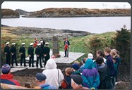 Memorial ceremony at the stone at Melvær in 1995, in connection with the 50th anniversary of the Peace, on 8 May 1945. The area around the memorial stone has been changed a little since the stone was erected. Stones and chains have been replaced by flagstones.