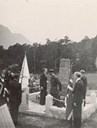 From the unveiling ceremony on Sunday 22 June 1947. Flight captain Råd, who had served with Olsen in England, came down from Tromsø to lead the ceremony. The picture shows that the monument was originally surrounded by a square of small stones linked by chains. All this was later removed because of increasing disintegration.