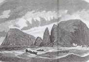 Drawing from 'Skillingsmagasinet', illustrating the winter herring fisheries in open rowboats west of Kinn about 1860, with the characteristic 'Kinnaklova' and the mountain of 'Kinnafjellet' in the background. To the left we can see the island of Batalden. The perspective is somewhat compressed.