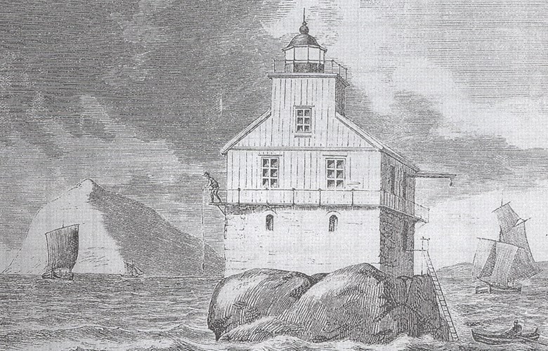 A drawing of the newly built Stabben lighthouse in the late 1860s. 
The lighthouse was built in the days of the legendary lighthouse director C. F. Diriks. The slippery skerry in the shape of a chopping block was used to the last square foot. ('Stabben' actually means the chopping block).