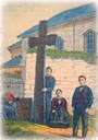 This drawing is made after a photograph and was used in "Illustreret Nyhedsblad", 20 May 1886. The font to the left of the cross was moved inside the church in 1905 and is still in use.