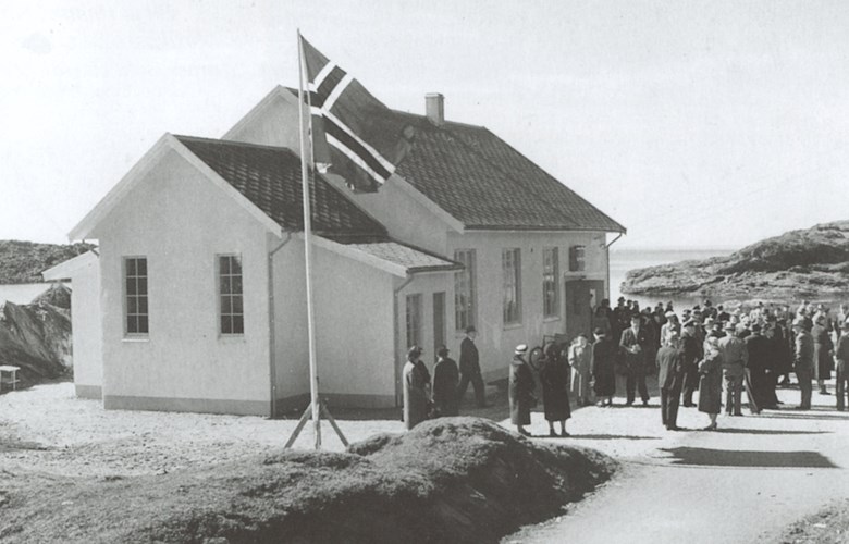 Askrova 'bedehus' chapel on the day of consecration, 14 April, 1957. The chapel is the first , and smallest , house of worship in this county which is made of brick. It has a seating capacity of 100.