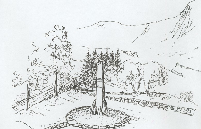 The Wergeland monument in the old farmyard at Verkland, close to the main road. "Brekke Ungdomslag" took the initiative to raise the memorial stone, and its chairman, Endre Brekke, made this drawing.
