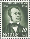In 1945, the Norwegian Postal Service issued three commemorative stamps in connection with the centenary of Henrik Wergeland's death. The motif was made after a portrait photograph (daguerreotype) from 1840 or 1841.