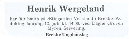 The announcement of the unveiling ceremony in the paper "Bergens Tidende" on 11 July 1975.