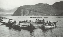Herring catch at Færestrand about 1930. In the background we can see Kvalheim, Stalbrekka and Nord-Oppedal. On this picture men from Torskangerpollen, Færestrand, Oppedal and Våge are hauling in the catch.