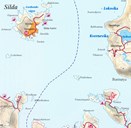 Map showing the area where the schooner "Marie" drifted in the northwesterly storm in 1862. The sailing ship broke adrift from the harbour on the south of Silda and drifted towards the southeast across the Sildefjord. Apparently the schooner ran aground at Mannebeinet, on the westernmost point of the island of Venøy. If the ship had drifted a little further to the north, they would have been able to enter the strait between Barmen and Venøya where it is less weather exposed and probably saved themselves.