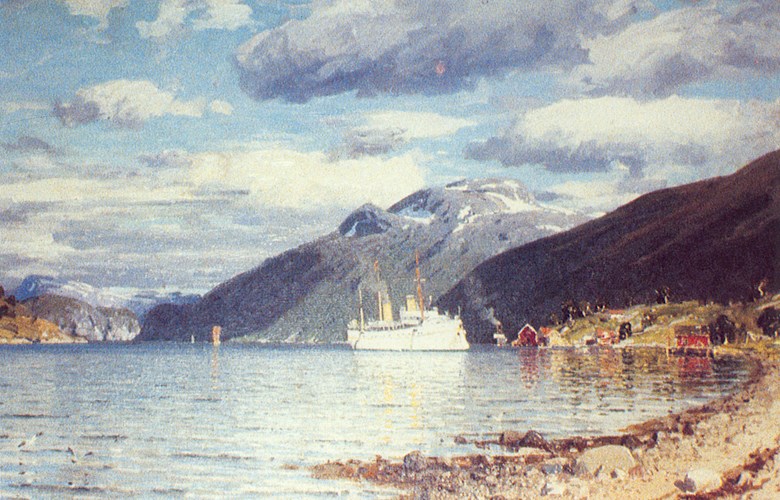 Painting by Adelsteen Normann showing the Emperor Wilhelm II's ship, Hohenzollern, at Vangsnes.