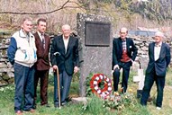Ceremony at the memorial stone with the laying of wreath. From left to right: Alv B. Nyvoll (Rasmus's brother), Roar Førde (mayor), Sverre Maurset, Trygve Nyvoll and Jens Myklebust.
