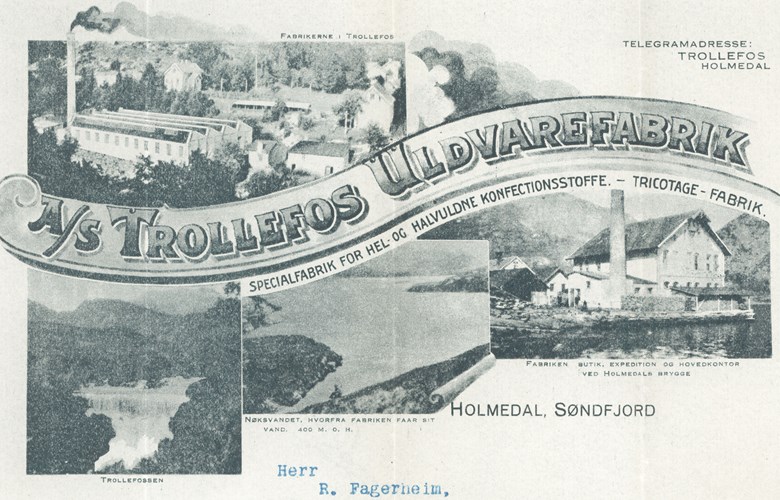 The sheet of writing paper was used by the mill in 1924. The letterhead had pictures of the factory buildings, the lake of Nyksvatnet, and the Trollefossen waterfall. The letter is addressed to R. Fagerheim with the message that Theodor Bjaanes is unable to come to the next school board meeting. It is signed by Chr. M. Vestrheim.